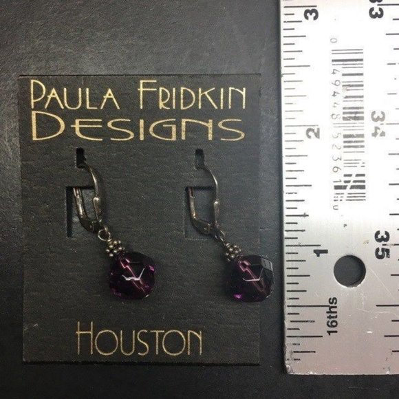 Paula Fridkin Designs Earrings Houston Purple Faceted Gunmetal Silver Dangle - Picture 3 of 3